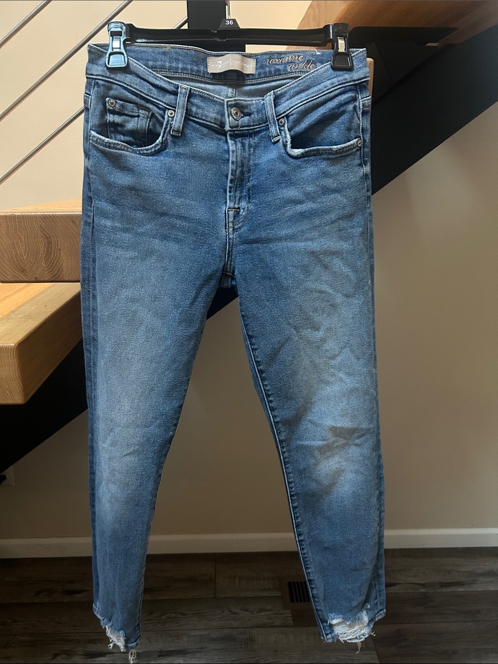 Straight Leg Women's Jeans in Mid Blue Denim Roxanne ankle , luxe vintage